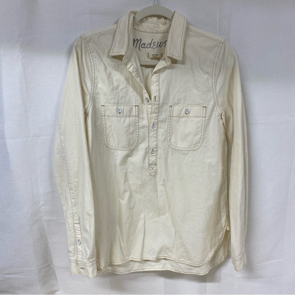Madewell Cream Long Sleeve Popover Shirt Utility Pocket Top Medium